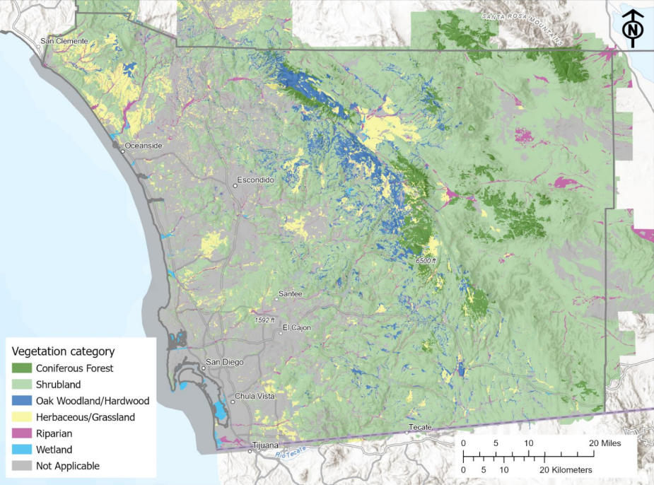 Map of six broad vegetation categories assessed for carbon storage and sequestration values in the San Diego region.